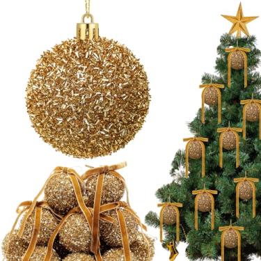 Imagem de Wesiti Conjunto de 24 bolas de Natal douradas com glitter, 24 bolas de Natal de 6,6 cm, inquebráveis, com 24 enfeites de lantejoulas; decoração de árvore de Natal para pendurar em ambientes internos e