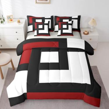 Imagem de Erosebridal Conjunto de edredom solteiro listrado vermelho, preto e branco, geométrico, quadrado, abstrato, 7 peças, para adultos, mulheres, homens, moderno, listras, geométricas, linhas ousadas