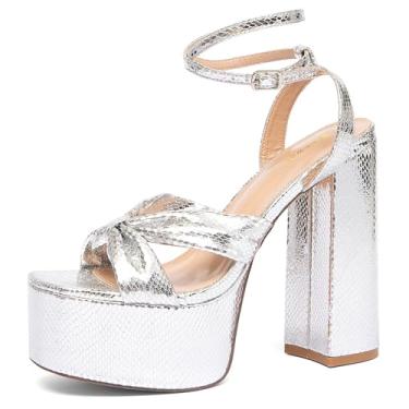 Imagem de NEWBELLA Sandálias femininas de salto grosso com tira no tornozelo e design de tiras - Sapatos sociais abertos com bico redondo para casamento, festa, formatura, Prata, 34