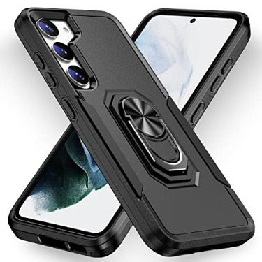 Imagem de SORAKA Capa para Samsung Galaxy S23 Plus com suporte de anel e placa de metal capa rígida de policarbonato macio TPU bumper Slim fit capa protetora à prova de choque anti-impressão digital preta