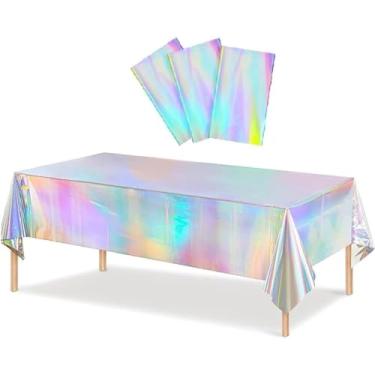 Imagem de CYBERNOVA Pacote com 3 toalhas de mesa de plástico iridescente 137 x 274 cm brilhante descartável a laser toalha de mesa holográfica premium para aniversários, casamentos, decorações de Natal (prata