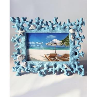 Imagem de ZASEUCI Elegante porta-retrato azul 10 x 15 cm - design elegante de resina com detalhe de concha de coral, suporte versátil para mesa ou parede, perfeito para presentes de casamento e decoração de