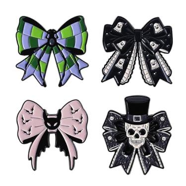 Imagem de HUOENCUO Pacote com 4 broches punk góticos – Aranha, caveira, emblema de laço fantasma para jaqueta, lapela, bolsa, decoração de vestido, alfinetes de liga metálica vintage com pintura esmaltada