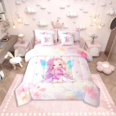 Imagem de Erosebridal Conjunto de edredom solteiro de fada rosa com lençol | Conjunto de cama de princesa com inicial P, para decoração de quarto de crianças, meninas, adolescentes, aquarela, borboleta, floral