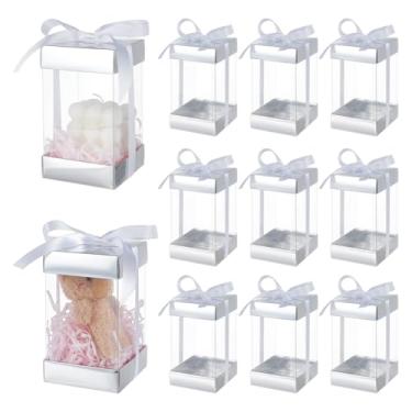 Imagem de BENECREAT Caixa de presente de plástico transparente com tampa de papel prata, caixas de embalagem de presente retangulares com fita de poliéster para aniversários, casamentos e Natal, 8 x 8 x 14,5 cm