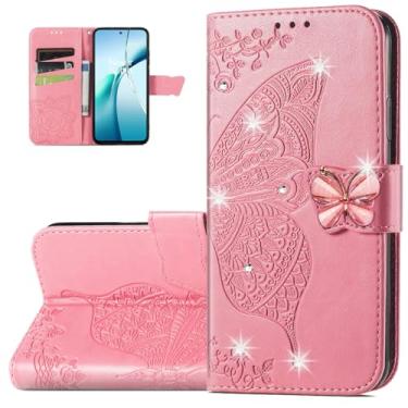 Imagem de Dinglijia Capa carteira para Motorola Moto G56, capa de couro PU padrão borboleta com fecho magnético e compartimentos para cartão de dinheiro coldre para Moto G56, strass rosa
