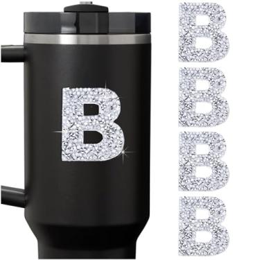 Imagem de LUHOHI 4 peças de adesivos de letra inicial de strass brilhante, alfabeto grande com glitter personalizado, nome do monograma, decalques brilhantes para garrafas Stanley, tampa de formatura, bagagem