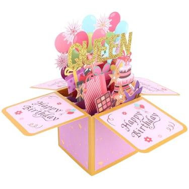 Imagem de Cartão Pop-Up Feliz Aniversário Rainha, Balões Coloridos 3D e Fogos Artifício Cartão com Envelope para Mulheres Meninas Presente Criativo Aniversário e Decoração Festa