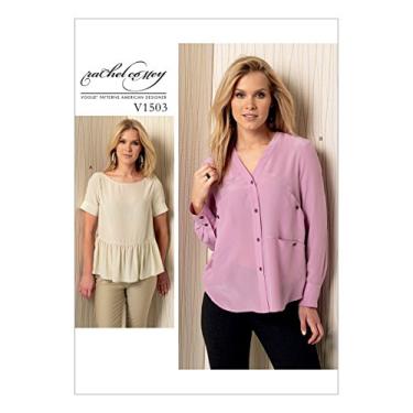 Imagem de Vogue Patterns V1503F50 Blusa feminina com babados frontais ou detalhes de bolso, 16-18-20-22-24 Laranja