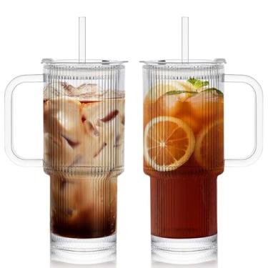 Imagem de hosck Pacote com 2 xícaras de café gelado com tampas, copo de vidro transparente de 510 g com canudo e tampa, copos de vidro canelados, copos para lava-louças, copos de vidro elegantes para café, suco