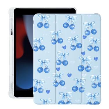 Imagem de BlHMCASE Cute Cherry Bow para iPad 7ª/8ª/9ª geração com suporte para lápis, hibernar/despertar automático, capa traseira de TPU macio de couro azul para iPad de 10,2 polegadas 2019/2020/2021