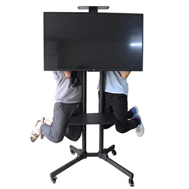 Imagem de Suporte de TV móvel, suporte de TV de piso giratório com rodas para TVs de 81 a 165 cm, carrinho de TV ajustável em altura com prateleira para laptop e rodas de bloqueio, lindo cenário preto