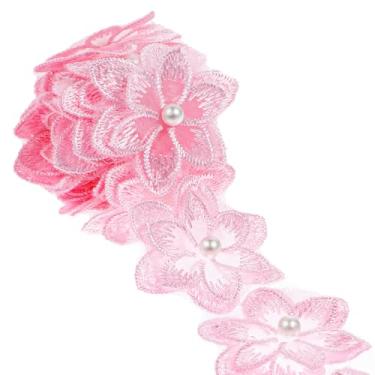 Imagem de Fita de renda de flor rosa 3D de 2 metros, aplique floral de renda de poliéster, bordado para decoração de vestido de casamento, decoração de vestido faça você mesmo (rosa)