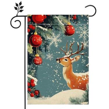 Imagem de Bandeira de jardim de floco de neve de rena de inverno para exterior, bola de Natal, bem-vindo, bandeira de quintal de Natal, 30 x 45 cm, serapilheira dupla face, férias, fazenda, decoração de casa