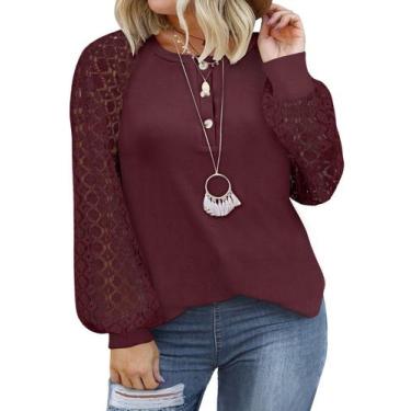 Imagem de Blusa feminina Eytino plus size com decote em V, renda, manga comprida