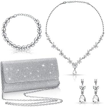 Imagem de Tiamon Conjunto de joias de strass para mulheres, 4 peças, conjunto de joias de casamento, brincos de strass, pulseira, bolsa de noite, bolsa de mão para mulheres, festa noturna, prata, Noble Style, strass artificial, liga e tecido, Sem Pedra Preciosa