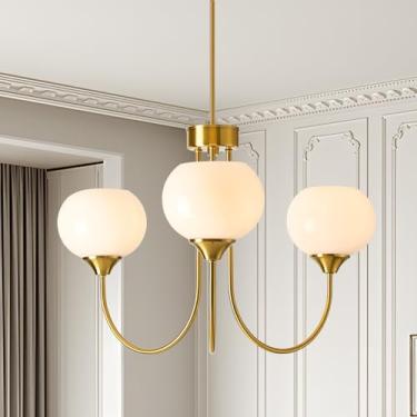 Imagem de FEAZAC Lustre Globo Moderno 3 Luzes Meados do Século Branco Vidro Leite Vintage Sputnik Lustres Pingente Dourado Luminárias para Sala de Jantar Cozinha Sala de Estar Quarto