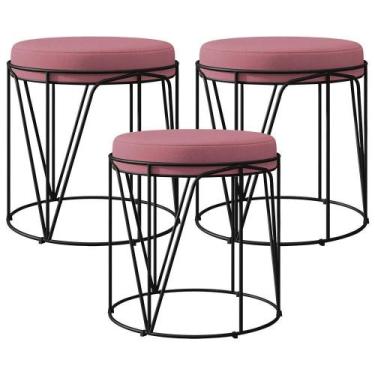 Imagem de Kit 03 Puffs Aramado Preto Zaya L02 Suede Rosê - LYAM DECOR