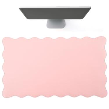 Imagem de Tellegloww Tapete de mesa recortado, protetor de mesa de couro, antiderrapante, de couro PU, impermeável, mouse pad, teclado, encaracolado, acessórios de PC, presente para escritório, casa (rosa claro