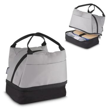 Imagem de Bolsa térmica em tecido PET Reciclado com 2 compartimentos térmicos costurados, bolso frontal e alça de mão.