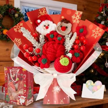Imagem de inhand Buquê de flores de crochê, decorações de Natal com rena, Papai Noel e poinsétias de rosa vermelha para decoração de mesa, lembrancinhas de festa engraçadas para mulheres, homens, esposa, mãe