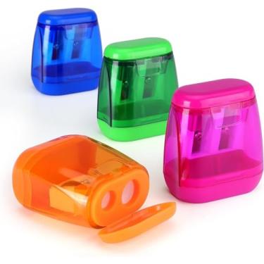 Imagem de Apontador de lápis, 4 peças de apontadores de lápis de dois furos manuais com tampa, apontador de lápis colorido, uso portátil, sala de aula, material de escritório em casa