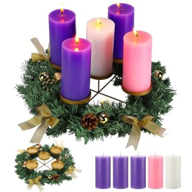 Imagem de SiliFine Suporte de vela de guirlanda do advento de Natal com 5 velas fita dourada suporte de vela decoração anel de centro de mesa decoração para presépio rústico casa igreja