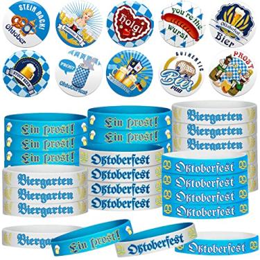 Imagem de Conjunto de 60 peças de decorações Oktoberfest, inclui 30 broches Oktoberfest distintivos estilo bávaro e 30 pulseiras de borracha para o tema alemão Oktoberfest Bavarian Beer Festival, artigos de lembrancinhas de festa