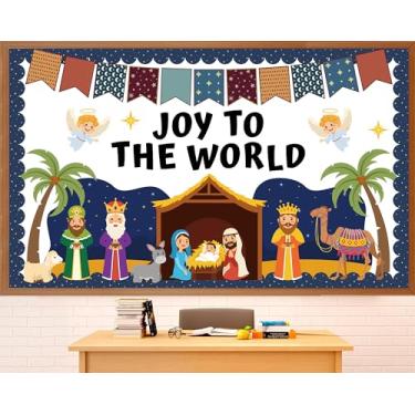 Imagem de Conjunto de quadro de avisos de presépio de Natal cristão Jesus nascimento sala de aula decoração alegria para o mundo quadro de avisos religiosos recortes de papel para escola dominical sala de aula