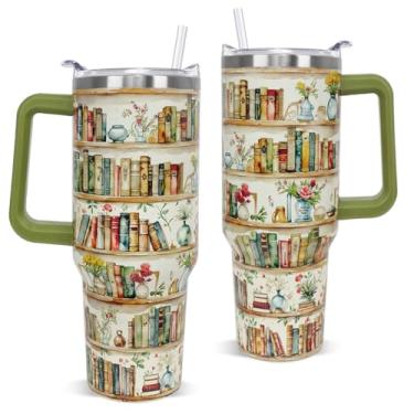 Imagem de Book Lovers Gifts 1,134 g Retro Bookshelf Tumbler with Handle and Straw Watercolor Flowers Bookworm Coffee Travel Canecas de Viagem Presentes para Mulheres Leitoras, Leitura, Livraria, Bibliotecária