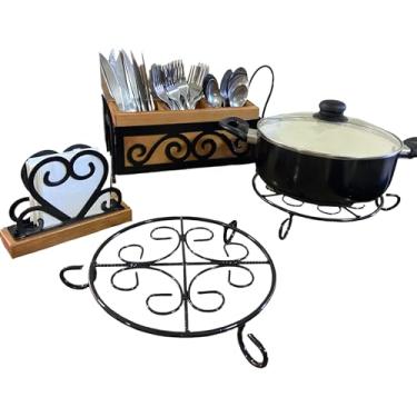 Imagem de Kit Decorativo de Cozinha em Madeira e Metal Com Porta Talheres + Porta Guardanapos e Suporte para Panelas, Design Vintage com Detalhes em Espiral, Preto e Marrom