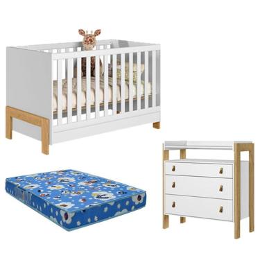 Imagem de Kit Berço Americano Fantasia MDP MDF com Colchão Espuma Branco Acetinado com Cômoda 4410