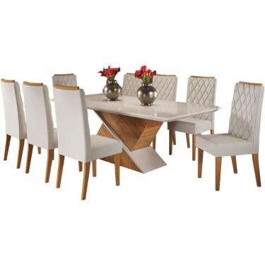 Imagem de Mesa de Jantar Galak 200x90cm com 8 Cadeiras Iza Cor Off White Bege Viero