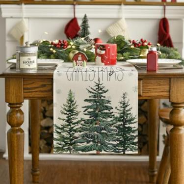 Imagem de Caminho de mesa de feliz Natal com floco de neve de pinheiro bege, decoração de mesa de jantar de cozinha de inverno sazonal para decoração de festa em casa 33 x 182 centímetros