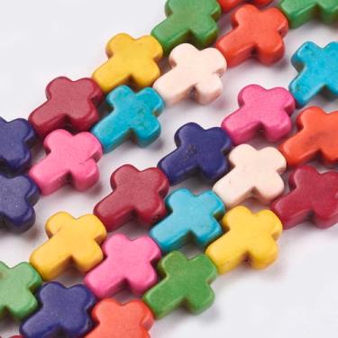 Imagem de Cerca de 38 peças de fios de contas turquesa sintéticas, contas soltas em forma de cruz de cor arco-íris, berloque de fabricação de joias em massa para colar, pulseira, brinco e artesanato DIY, 10 x 8