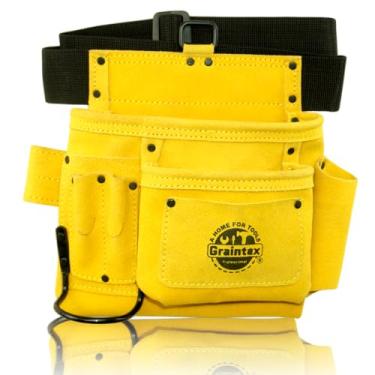 Imagem de Graintex SS2079 5 bolsos para unhas e ferramentas, couro de camurça cor amarela com cinto de 5 cm para construtores, eletricistas, encanadores, faz-turistas
