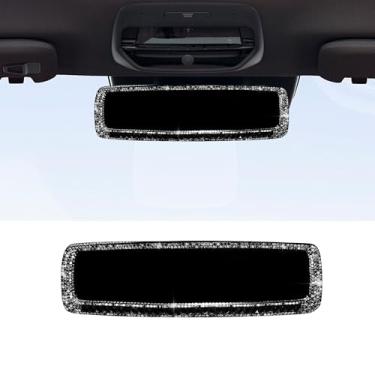 Imagem de Alieemo Espelho retrovisor de carro, strass brilhante HD vidro retrovisor com clipe grande angular, diamante brilhante deslumbrante, acessórios de decoração de interiores de carro universais para