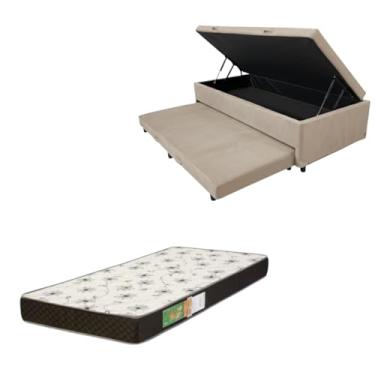 Imagem de Cama Box Baú Solteiro com Auxiliar (Bicama) + Colchão Solteiro Espuma D20 12cm | Kit Completo com Cabeceira Botonê Opcional | Diversas Cores (2, SUEDE BEGE, SEM CABECEIRA)
