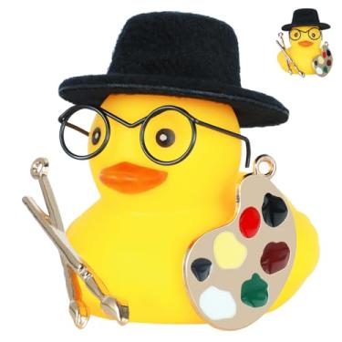 Imagem de FINEED Mini Rubber Duck with Mini Top Hat, Glasses, Paintbrush & Palette,Artistic Car Dashboard Decoration, Includes 4pcs 1cm&1pcs 2.5cm Double-Sided Tapes