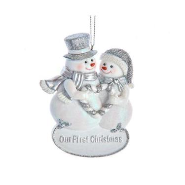 Imagem de Kurt Adler Our Frist Christmas Snowman Couple - Ornamento de árvore de Natal de resina branca/prata de 8 cm