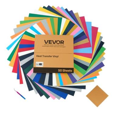Imagem de VEVOR Vinil de transferência de calor, pacote com 50, 30,5 x 30,5 cm, pacote de vinil HTV de cores sortidas, fácil de cortar e remover ervas daninhas, com acessórios, compatível com máquinas de corte