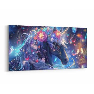 Imagem de Arte de parede em tela de unicórnio fofo, borboleta céu estrelado margarida flores decoração de parede pintura de casa para sala de estar quarto decorativo, pôsteres de pintura de parede de animais de