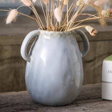 Imagem de Tanvecle Vaso de cerâmica cinza com 2 alças, decoração moderna de casa de fazenda, cerâmica de terracota rústica, vasos de flores decorativos, vaso pequeno de argila, peça central para mesa de jantar