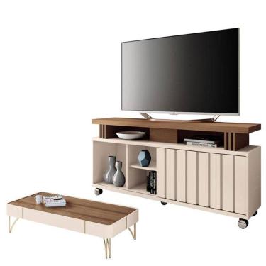 Imagem de Rack Bancada Rivera 1.3 Com Mesa De Centro Cadenza Castanho Off White - Hb Móveis