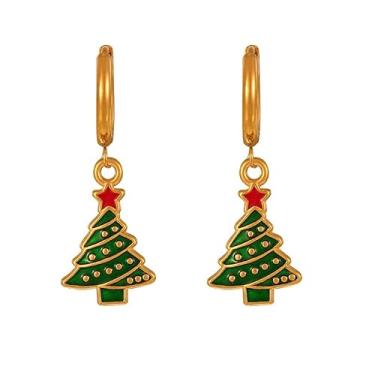 Imagem de Brincos de argola pequenos com pingente de árvore de Natal verde esmaltado para mulheres, aço inoxidável, moderno, delicado, vermelho, árvore, pingente, acessórios de férias, argolas, festas