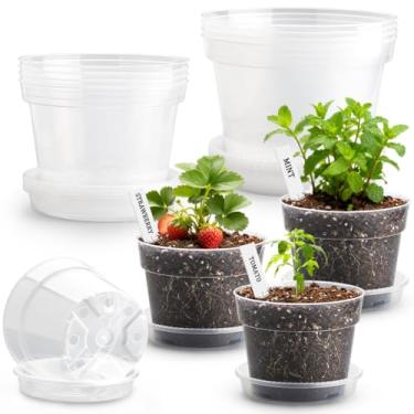 Imagem de Pacote com 12 vasos de berçário transparentes de 25 cm com pires, etiqueta de planta, luvas de jardinagem, vasos de plástico resistente transparente com orifício de drenagem, vasos iniciais de plantas