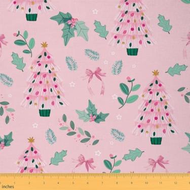 Imagem de Tecido Merry Christmas da The Yard, tecido rosa de árvore de Natal para cadeiras de costura de sofá, presentes de princesa com laço feminino para estofamento e projetos de bricolage à prova d'água, 1