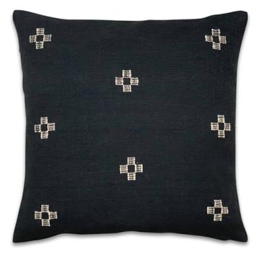 Imagem de PILLOWPIA Capa de almofada Marguerite 20 x 20-100% algodão, estampa floral moderna, costas lisas, preta, zíper de latão e puxador de logotipo, fita de papoula exclusiva