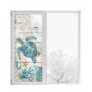 Imagem de Película de privacidade para janela de tartaruga marinha verde azul-petróleo oceano turquesa decorativa vitral placa náutica texturizada adesivo para porta, 59,9 cm x 149,9 cm blecaute para janelas