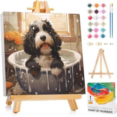 Imagem de Arttoplus Kit de pintura de cachorro por números para crianças com moldura, pintura infantil fofa por números de 8 a 12 anos com cavalete de madeira, pintura a óleo de animais DIY fácil por número